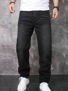 Men's Casual Everyday Commute Simple Versatile Solid Color Straight Leg Jeans Loose Wide Leg Comfortable Regular Washed Black Street Going Out Distressed Jeans For Boyfriend & Husband - 黑色 - 查看 5