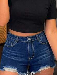 Shorts vaqueros de mujer con estilo callejero, lavados, con dobladillo deshilachado, elásticos y ajustados, para uso casual diario con bolsillos, adecuados para primavera/verano, de vuelta al colegio - Azul medio - Ver 5