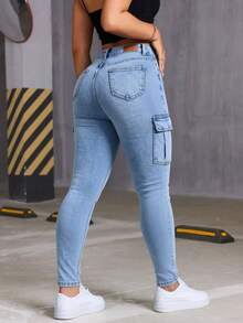 Skinny Cargo Jeans, Blue Wash, Stretchy, With Multiple Pockets, Butt-Lifting Effect, Fitted Cuffs - Light Wash - View 2