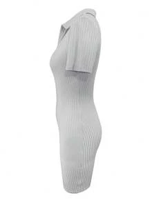LovelyWholesale Đầm ôm sát cổ chữ V dệt kim gân dành cho nữ, màu trơn, trang phục thường ngày thanh lịch cho mùa xuân và mùa hè. - Xám - Xem 7