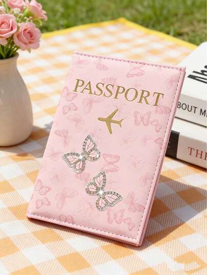 Cute Butterfly Minimalist Style Passport Holder, Pink Butterfly Inlaid Sparkling Rhinestone Design, Passport Cover, Card Case, Portable Passport Holder, Document Folder Passport Bag Holiday Essential