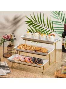 White Tiered Serving Stand + Tong, 3 Plastic Tray With Metal Stand For Cupcakes, Donuts, Fruits - Tiered Tray Stand For Tea Party, Party Food Display, Wedding Scene(Golden) - Giá đựng đồ tráng miệng. Đĩa trắng vàng giá đựng ba lớp + kẹp gắp đồ tráng miệng - Xem 6