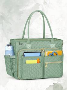 绗缝多口袋手提包，15.6英寸保温笔记本电脑包，带行李带，教师护士工作单肩包 - 彩色 - 查看 15