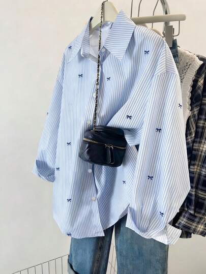 Women's Striped Color Block Button Front Shirt, Casual Wear Spring