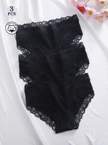 3pcs/Set Solid Color Cotton Ribbed Lace Patchwork Sexy Comfortable Women's Triangle Panties - Multicolor - View 5