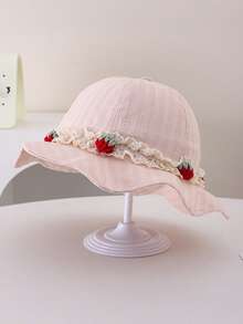 1pc Toddler Girls' Strawberry Lace Sun Hat, Wide Brim Bucket Hat For Spring/Summer UV Protection, Cute Children Beach/Outdoor Daily Wear - 1PC - View 4