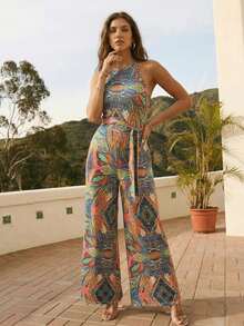 女士全印花腰带口袋吊带连体裤，优雅度假夏季款 - 彩色 - 查看 2