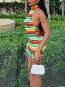 Đầm ôm sát gợi cảm cổ yếm hở lưng in họa tiết sọc DOUCIU dành cho nữ, thích hợp dự tiệc và đi club. - màu xanh lá - Xem 5