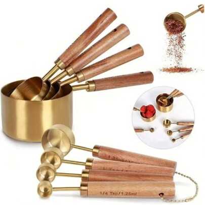 4/8pcs Set, Measuring Cups And Spoons, Stainless Steel Measuring Cups And Spoons Set, Wooden Handle Measuring Cups, Suitable For Dry And Liquid Ingredients, Seasoning Spoon, Powder Spoon, Coffee Spoon, Baking Tools, Kitchen Accessories