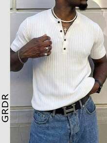 GRDR Men's Summer Henley Neck Striped Knit Short Sleeve Tee, Essential Summer Wardrobe Knit Top - White - View 2