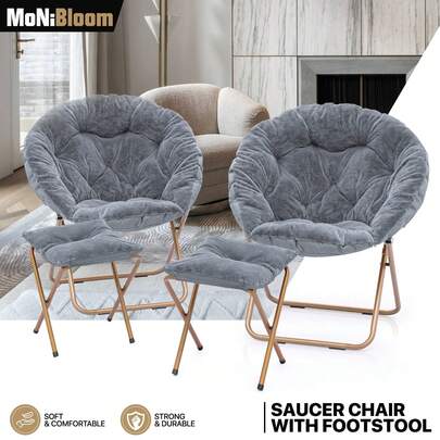 2 Set Round Folding Faux Fur Saucer Chair For Bedroom Living Room Dorm Foldable Metal Frame Oversized Large Comfy Furry Padded Soft Cozy Moon Chair With Footrest Ottoman For Adults