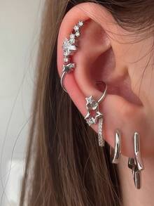 5pcs Cubic Zirconia Star Multilayer Pierced Earrings Set, Suitable For Women's Daily, Dating, Music Festival, Party Layering Matching - Silver - View 1