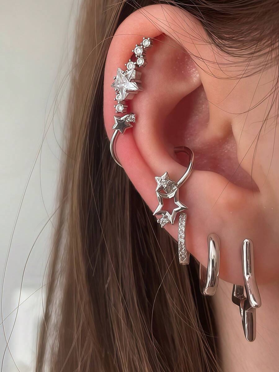 5pcs Cubic Zirconia Star Multilayer Pierced Earrings Set, Suitable For Women's Daily, Dating, Music Festival, Party Layering Matching - Silver - View 1