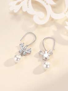 1 đôi bông tai hình bướm đính ngọc trai và đá Cubic Zirconia cao cấp, bằng bạc Sterling S925, thanh lịch, tinh tế, ngọt ngào, đa năng, thích hợp làm quà tặng cho phụ nữ dự tiệc, quà tặng cho các buổi tiệc. - Bạc - Xem 3