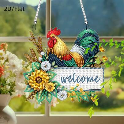 1pc 2D Printed 5D Diamond Painting Kit, Rooster Welcome Sign, Suitable For Home Garden Door Window Wall Decor, Handmade Hanging Ornament, Holiday Gift, Mosaic Craft