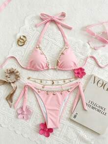 Bộ bikini nữ 2 mảnh chủ đề đại dương, gợi cảm, kiểu dáng thường ngày, dây mảnh, màu trơn, thích hợp cho bãi biển, bơi lội, kỳ nghỉ xuân/hè, có mút ngực rời màu hồng. - Hồng - Xem 4