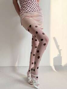 Retro Large-Scale Polka Dot Pantyhose, Fashionable Multi-Color Contrasting Polka Dot Stockings, Sweet, Cool, Ish Style Leg Accessories, Ultra-Thin Transparent Base Layer  Pantyhose For Women. - Hồng - Xem 7