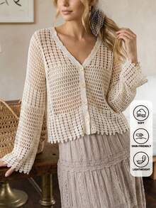 Áo kiểu nữ phong cách Bohemian cổ chữ V khoét rỗng mùa hè 2026 - Áo khoác dài tay nhẹ, phong cách đường phố, trang phục lễ hội, kỳ nghỉ biển, quà tặng Lễ Phục Sinh & Ngày của Mẹ. - Màu be - Xem 3
