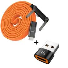 Cable de carga portátil con soporte, cable USB-C a USB-C, carga rápida de 240W, soporte de teléfono incorporado, cable trenzado duradero tipo C, soporte en forma de T de 90 grados - Naranja - Ver 1
