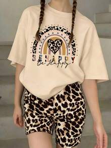 Set Kaos Lengan Pendek dan Celana Pendek Motif Leopard dan Hati untuk Anak Perempuan Remaja - Khaki - View 1