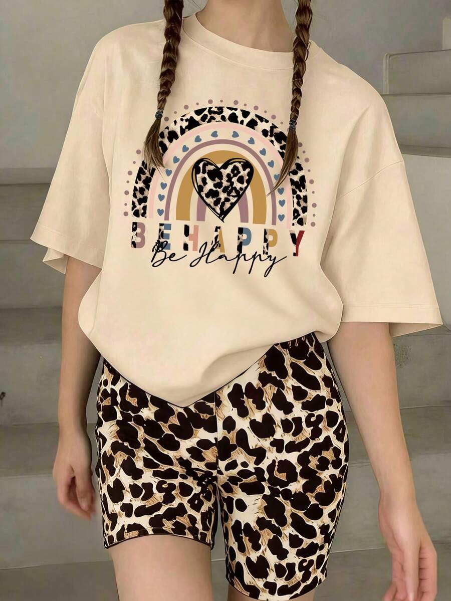 Set Kaos Lengan Pendek dan Celana Pendek Motif Leopard dan Hati untuk Anak Perempuan Remaja - Khaki - View 1