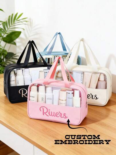 1 pieza Bolsa de cosméticos personalizada bordada, nombre/texto personalizable, disponible en varios colores (rosa/azul/blanco/negro), bolsa de maquillaje semi-transparente visible, bolsa de temporada de vacaciones, viaje, vuelta al colegio, esencial de playa, bolsa de aseo minimalista inspirada en la dopamina de unicolor y ligera, regalo de Navidad, maletas y equipaje de viaje