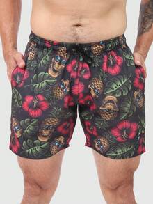 Men's Basic Blue Foliage Shorts In Tactel Fabric With Pockets And Drawstring - Ideal For Beach, Training, And Running. - Skull - View 1