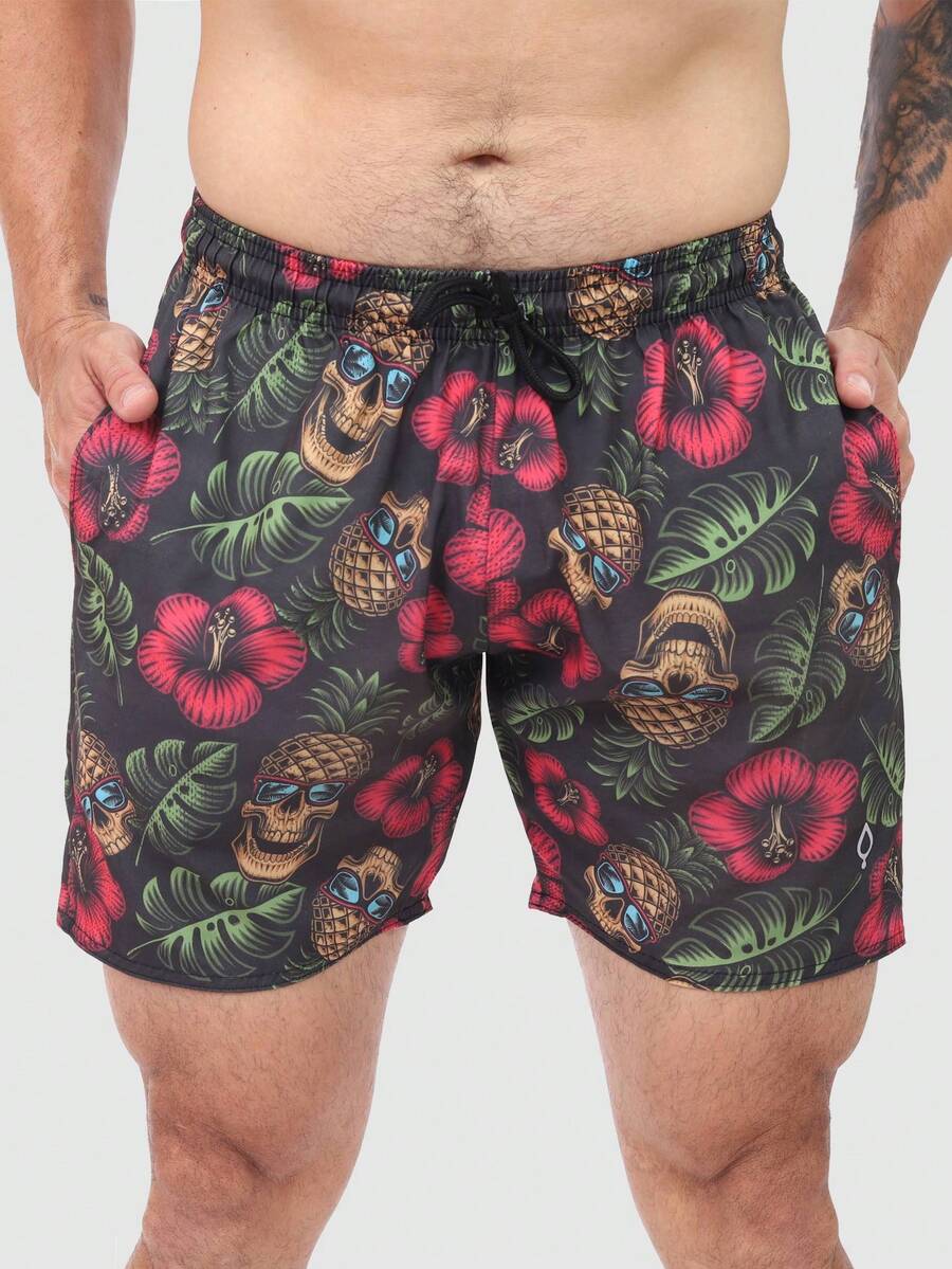 Men's Basic Blue Foliage Shorts In Tactel Fabric With Pockets And Drawstring - Ideal For Beach, Training, And Running. - Skull - View 1