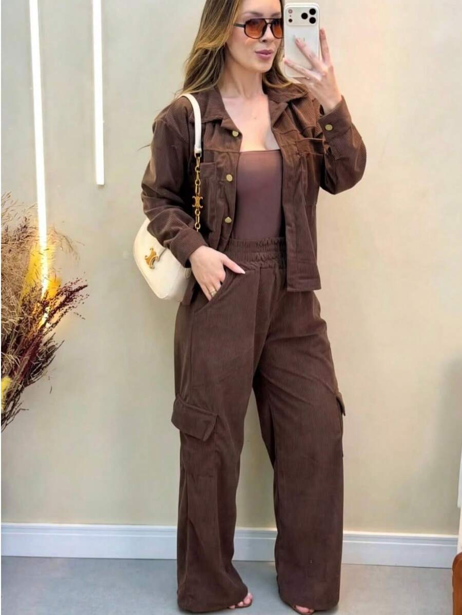 Premium Velvet Set – Jacket + Cargo Pants - Rust Brown - View 1