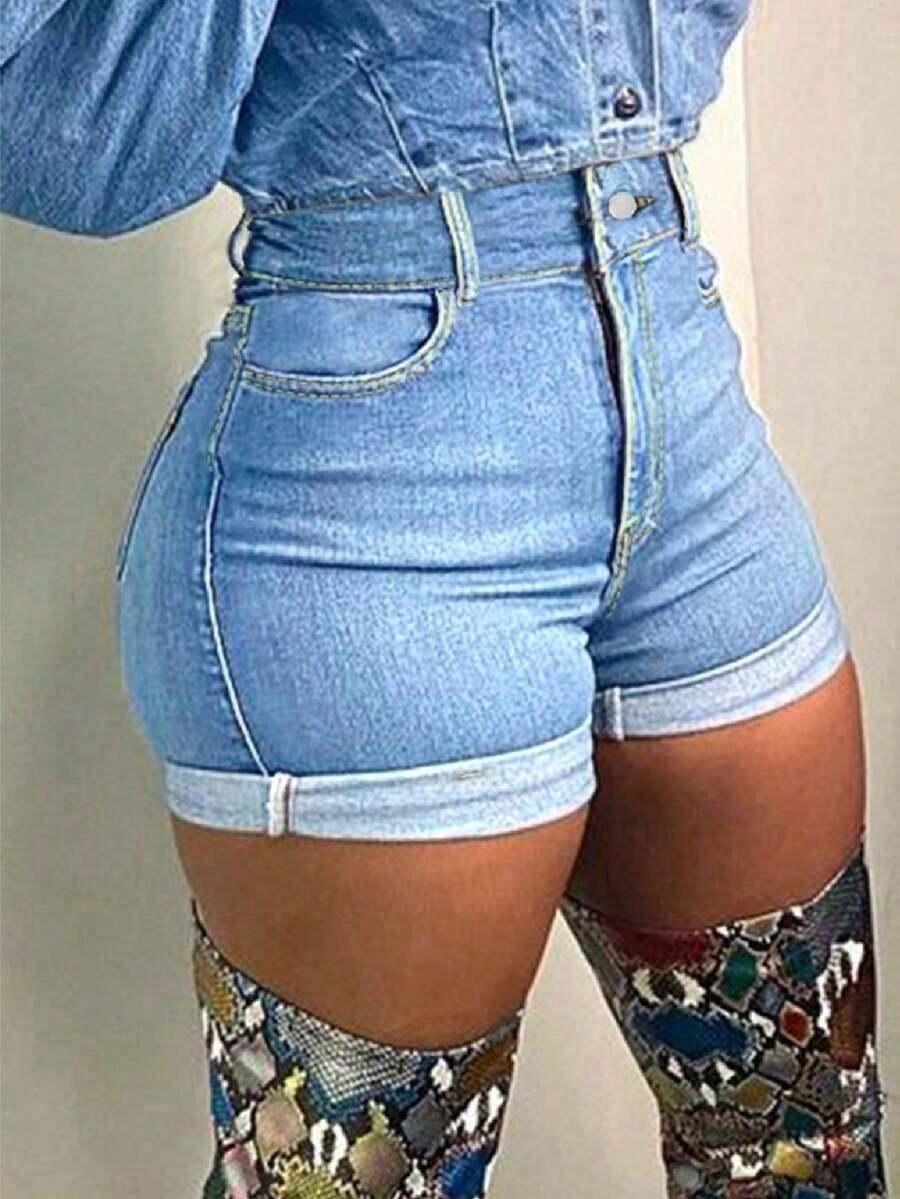 Pantalones cortos vaqueros de verano de cintura alta con dobladillo, versátiles y a juego, de estilo casual en color negro - Azul lavado medio - Ver 1