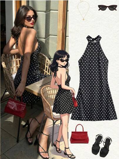 女士时尚性感休闲波点吊带露背紧身迷你连衣裙，百搭波点修身迷你裙，适合夜间外出