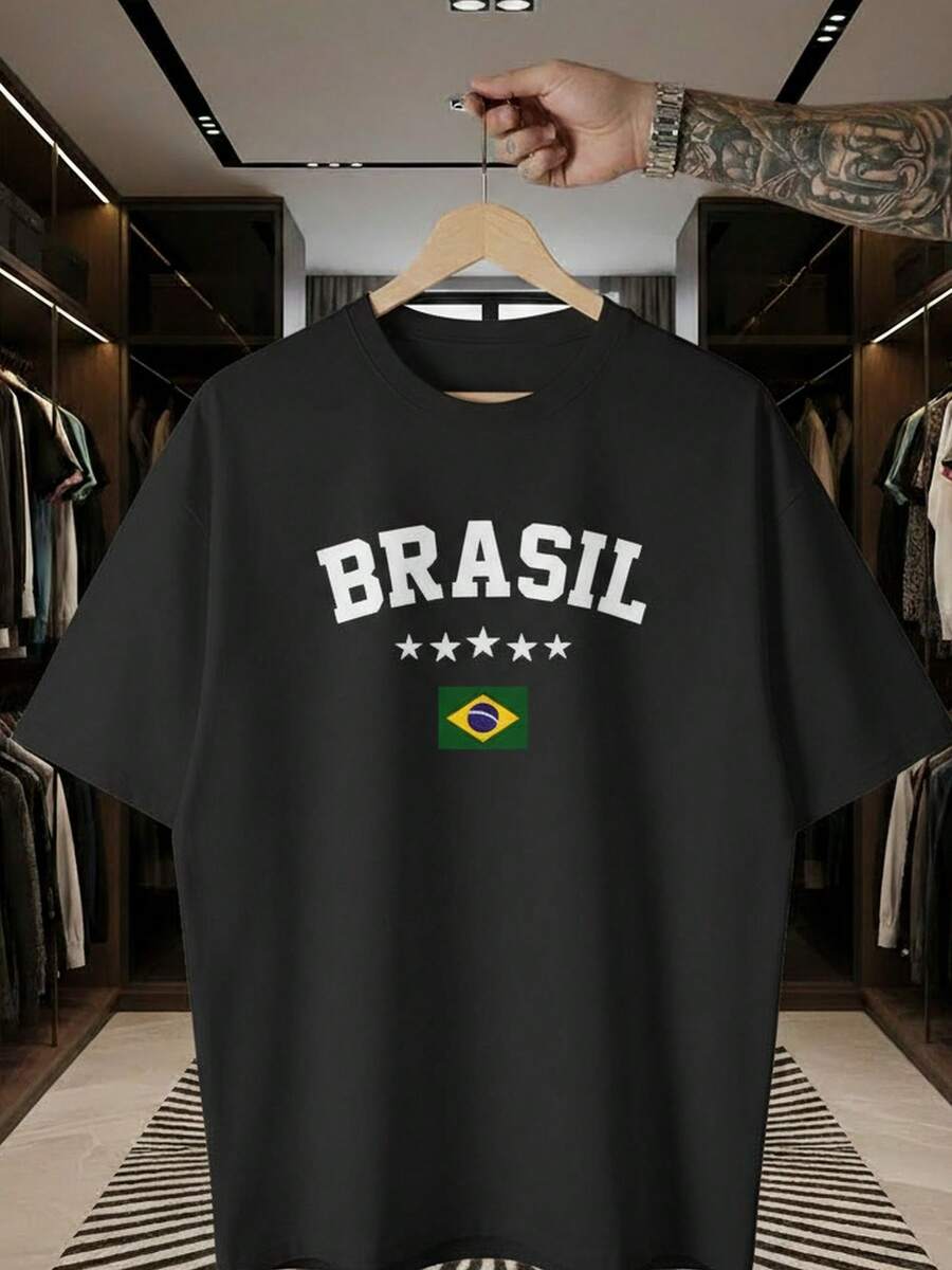 Unisex T-Shirt Supporting The Brazilian National Football Team, Green And Yellow, Short Sleeve, Men's And Women's, 100% Cotton, Casual, Crew Neck - 黑色 - 查看 1