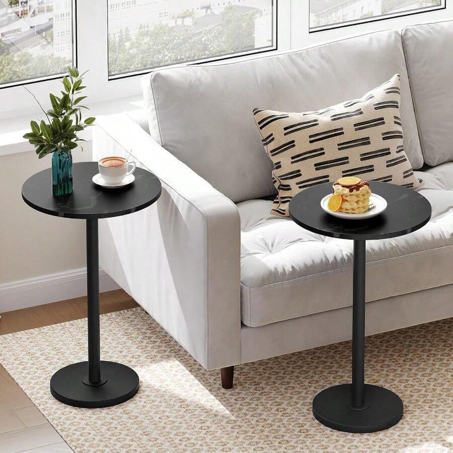 Small Side Table, Round Side Table Set Of 2, Tall Drink End Table Small Spaces, Pedestal Style Martini Side Table In Living Room, Bedroom, Dormitory, Marble Black And Black ET30L2BM - 2 + Marble Black + Black - View 1