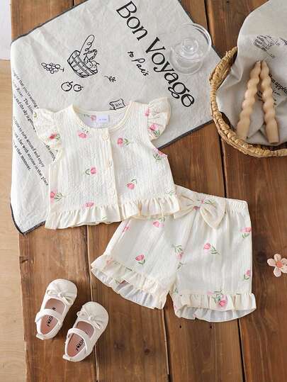 2pcs Baby Girls Textured Woven Fabric Floral Print Flutter Sleeve Top And Elastic Waist Shorts Set, Summer