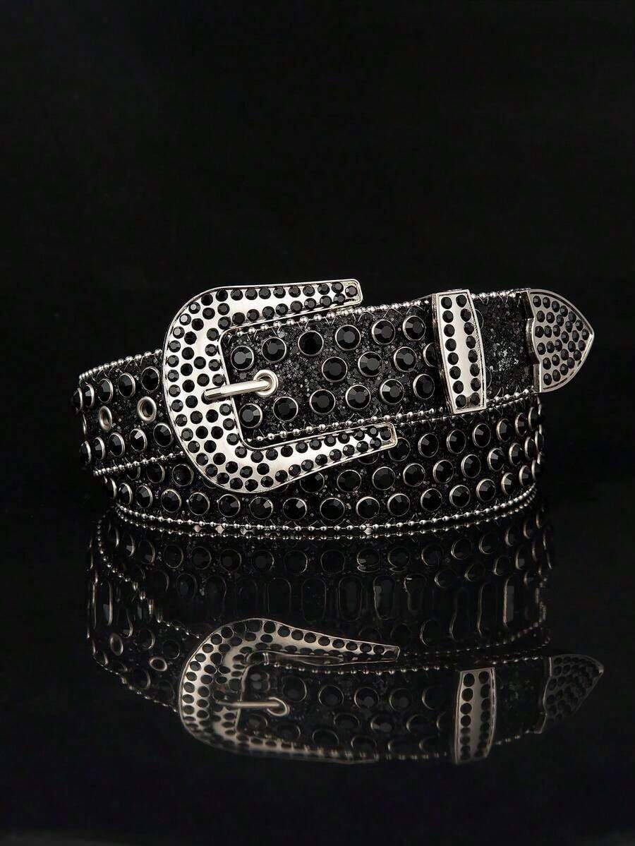 A Men's Multicolor Punk Y2K Denim Rock Laser Rhinestone-Embedded Belt, Suitable For Daily Wear - Bạc - Xem 1