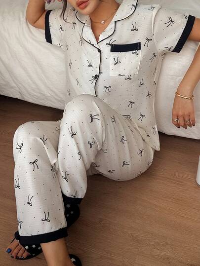 Dreamivo Conjunto de pijama casual de estilo coreano con pantalones y blusa de manga corta a rayas, de la serie Primavera