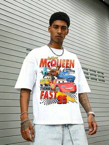 Disney-Lightning McQueen, Everyone Gather! Racing Mobilization Retro Washed Vintage Printed Short Sleeve T-Shirt | American High Street Loose Couple Half Sleeve - trắng - Xem 1
