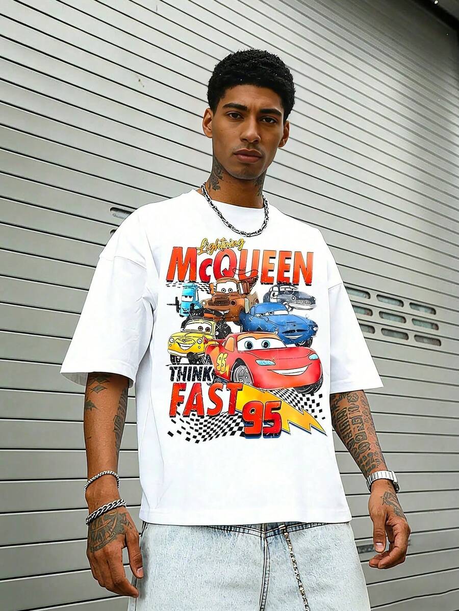 Disney-Lightning McQueen, Everyone Gather! Racing Mobilization Retro Washed Vintage Printed Short Sleeve T-Shirt | American High Street Loose Couple Half Sleeve - trắng - Xem 1
