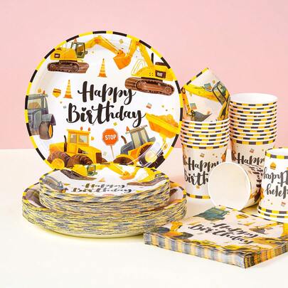 Bộ đồ dùng ăn uống dùng một lần hình máy xúc mừng sinh nhật, đĩa tiệc 7/9 inch, đĩa giấy, cốc, khăn ăn dùng một lần, thích hợp cho các lễ hội, đám cưới, lễ đính hôn, sinh nhật, tiệc tùng, lễ kỷ niệm.