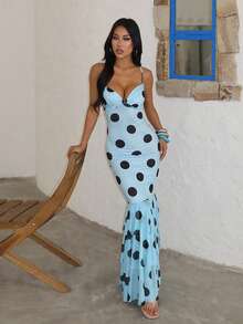 一件休闲性感露背荷叶边波点印花长裙，波西米亚针织面料，适合度假、海滩、约会、夏季穿着，优雅时尚。 - 淺藍色 - 查看 2