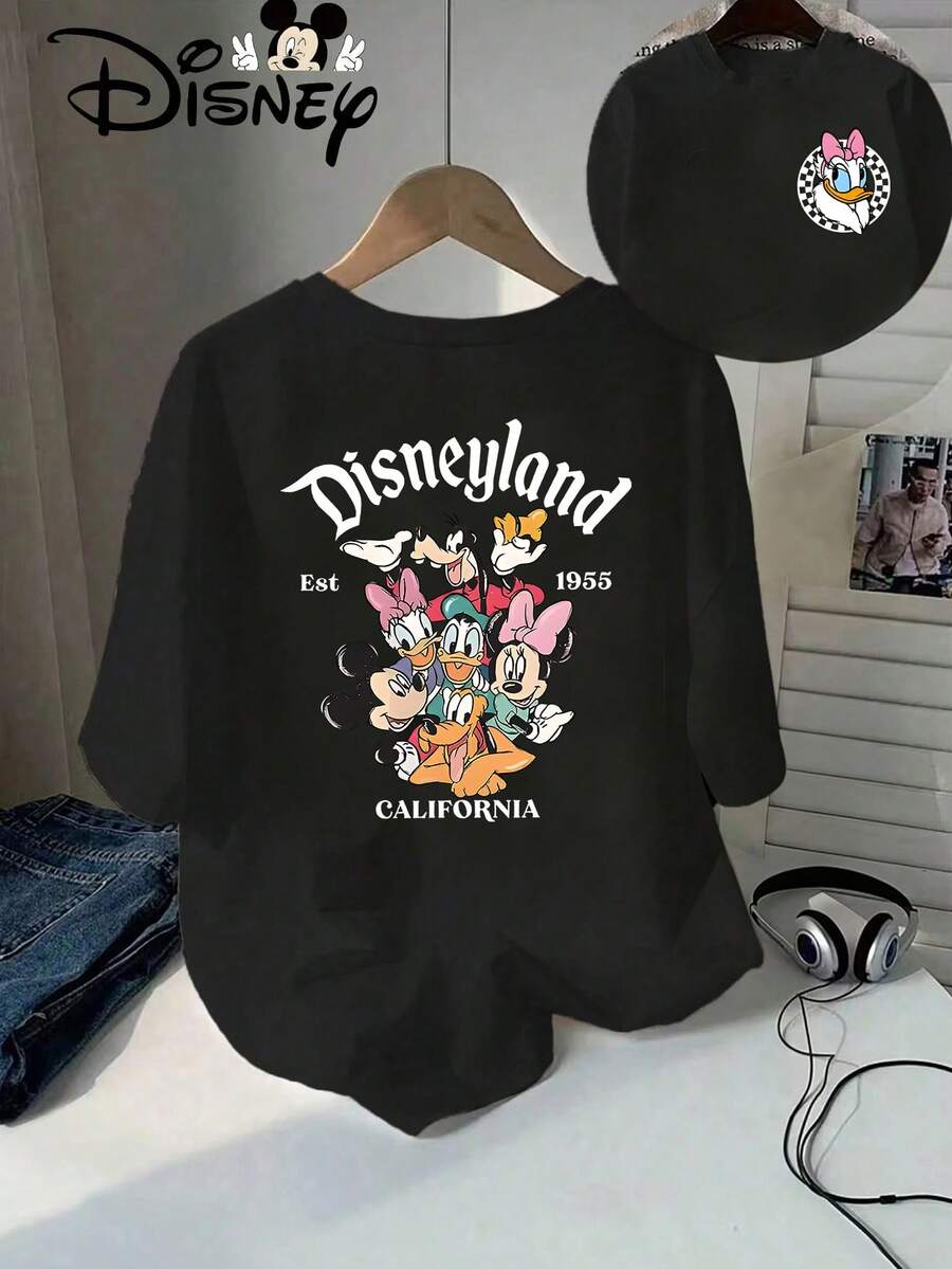 Casual Regular Fit Short Sleeve Cotton Round Neck T-Shirt With Disneyland California Graphic Print And Daisy Duck Detail For Women - màu đen - Xem 1