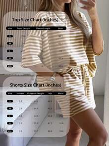 2pcs Women Casual Striped Print Crew Neck Top And Shorts Set - Multicolor - View 7
