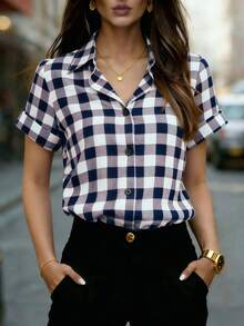 Chemise à carreaux à manches courtes et col pour femmes - Chemise à carreaux classique noir et blanc, convient pour le bureau, le travail, la maison et le port quotidien, printemps/été/automne - Noir et Blanc - Voir 1