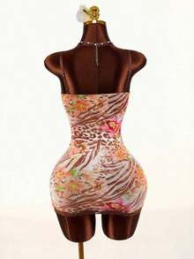 Amplova Lace Cup Detail Tropical Floral Mesh Bodycon Mini Dress Lace Trim Dress,Party Dress - Multicolor 2 - View 9