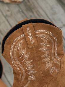 Women's Fashion Versatile New Slip-On Embroidered Wedge Heel Boots - Brown - View 6