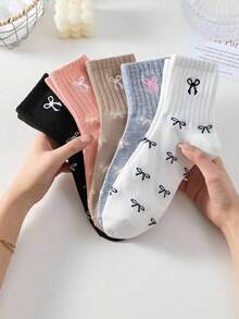 1/5 Pairs Pink & Multi-Color Bow Tie Short Socks, Cute Mid-Calf Socks, Soft & Comfortable, Suitable For Daily Wear, Outdoor Activities, All Seasons Sports, Minimalist & Fun Socks, Holiday Gift, Photo Prop, Pink, Cute - Multicolor - View 5