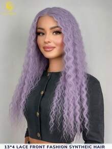 Tóc giả ren phía trước màu tím nhạt xoăn nhẹ, không cần keo dán, màu tím pha bạch kim, dài, kiểu sóng nước 13x4, đã được tỉa sẵn tóc con, dài 26 inch, mật độ 150. - Màu tím hoa cà - Xem 2