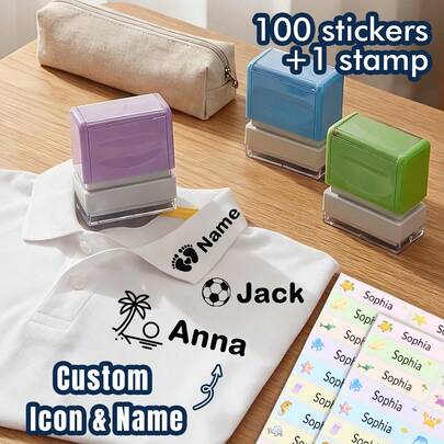 1 Con dấu + 100 Nhãn dán Con dấu tên tùy chỉnh, Con dấu tên chống thấm nước cho quần áo, Tám màu sắc khác nhau, Con dấu chữ ký hình hoạt hình cá nhân hóa, Con dấu tùy chỉnh cho, Quà tặng văn phòng phẩm học sinh tùy chỉnh, Quà tặng sinh nhật, Dễ thương, Đồ dùng học tập, Phụ nữ, Túi xách học sinh