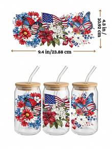 4 件套爱国美国国旗 UV DTF 转印贴纸（9.4x4.3 英寸），无需加热；水彩花卉图案，7 月 4 日独立日包装纸；西部牛仔靴帽向日葵贴纸，适用于 16 盎司 Libbey 玻璃杯，DIY 礼品 - USA 04 - 查看 4