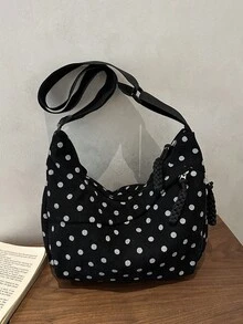 灯芯绒纯色波点颗粒休闲简约大容量轻便多功能女士腋下单肩包、流浪包、新月形拉链袋 - 黑色 - 查看 11